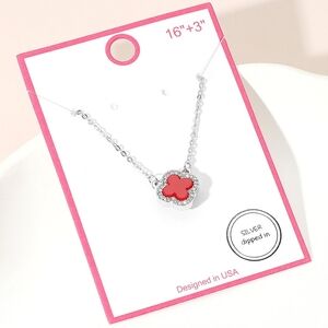 Red Silver Rhinestone Crystal Trim Quatrefoil Clover Chain 0.5 Pendant Necklace